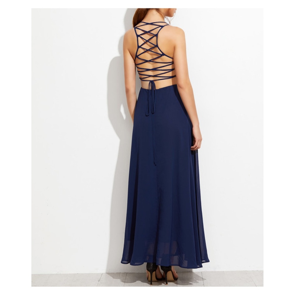 Navy Blue Lace Up Back Chiffon Maxi Dress - Picture 4 of 5